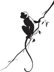 Elegant black-and-white line art of a monkey hanging from a branch, continuous and minimalist