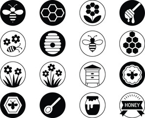 Simple Black and White Honey Icons Set for Design