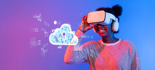 This dynamic image showcases a woman experiencing virtual reality while interacting with cloud...
