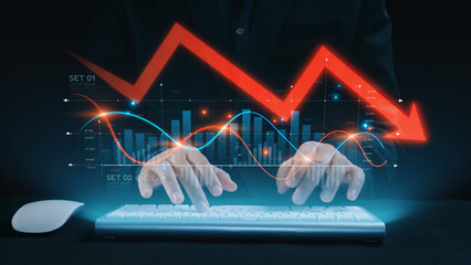 Economic caution visualized with fluctuating market graph, alert symbols, and negative data trends....