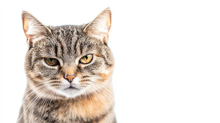 Suspicious cat squinting eyes, alert mood, detailed fur texture, on white