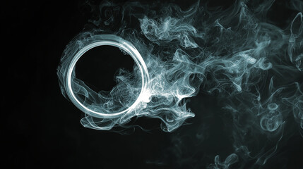 Naklejka premium White smoke ring swirling on dark black background, high contrast, detailed texture, abstract vapor shape, atmospheric and mysterious, perfect for creative, cinematic, or mystical themes