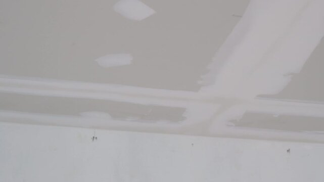 Gypsum board ceiling and plaster work inside building interior undergoing major renovation, detailing construction progress for complete home improvement project