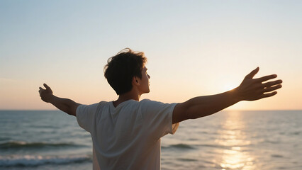 Peaceful Man Experiencing Tranquil Sunset on the Beach