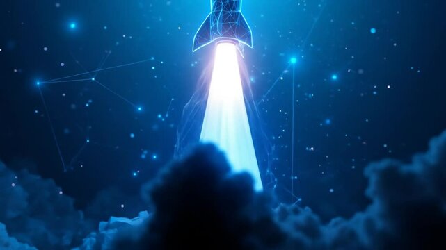 Abstract blue glowing rocket launch. Low poly style design, particles and triangles. Abstract geometric background. Wire frame light connection structure. 4k video - Powered by Adobe