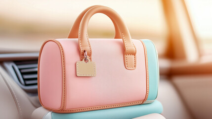 Stylish pink handbag with tan leather accents on car seat  