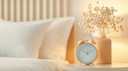 Minimalist Morning: An minimalist alarm clock and delicate flowers set the tone for a tranquil morning on a bedside table.