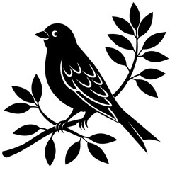 Photo of a small black bird silhouette perched on a branch with leaves, isolated on white background