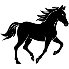 Photo of a black silhouette of a horse running, isolated on white background
