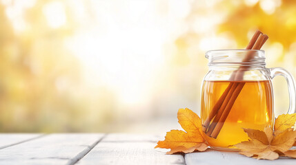 Warm Autumn Drink and Season's Palette: A warm beverage, delicately infused with cinnamon, is presented in a rustic jar, accompanied by autumn leaves.