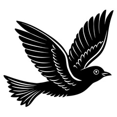 Photo of a black silhouette of a bird in flight, isolated on white background