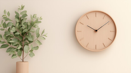 Time's Embrace: A minimalist moment unfolds as a sleek wooden clock adorns a neutral-toned wall, its serene design complemented by a verdant plant, capturing the essence of tranquil modern decor.