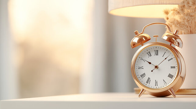 Timeless Elegance: A golden alarm clock sits on a bedside table, the soft light cast from a nearby lamp illuminating its classic design. It evoke feelings of peace and nostalgia.