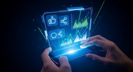 Social media analytics concept. Hands on a smartphone projecting a hologram with social network icons and real-time engagement graphs for marketing.