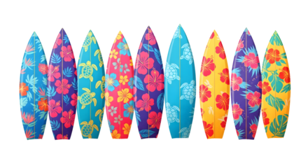 Array Of Colorful Surfboards With Floral Patterns Displayed Against Transparent Black Background