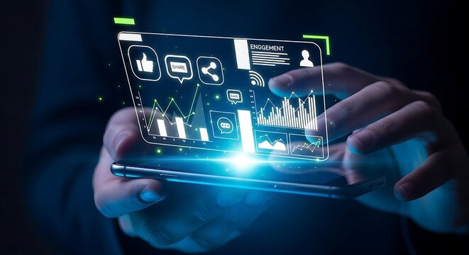Social media analytics concept. Hands on a smartphone projecting a hologram with social network icons and real-time engagement graphs for marketing.