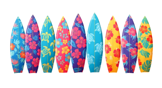 Array Of Colorful Surfboards With Floral Patterns Displayed Against Transparent Black Background