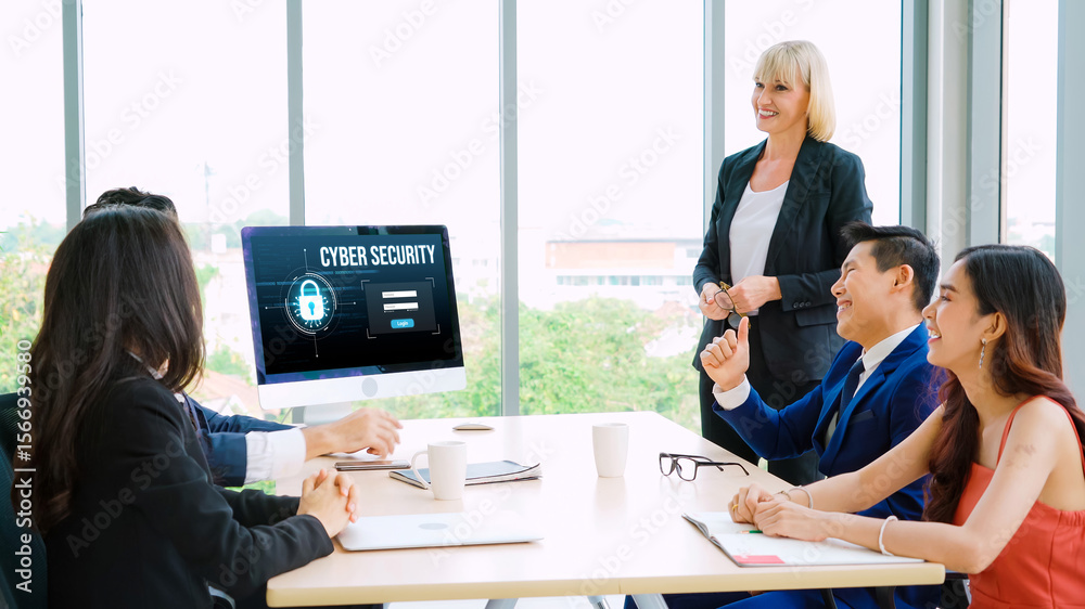 Poster cyber security system on computer screen protect private information snugly from hacker and cyber at