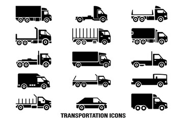 A set of black and white truck icons in a grid pattern showing different truck styles and designs