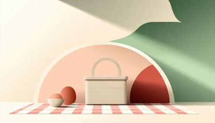 A horizontal illustration for Picnic Month, showing a neat picnic basket on a simple checkered cloth.