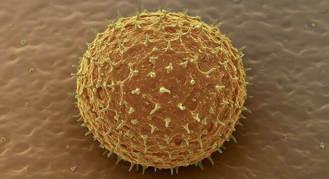 A highly detailed and colored scanning electron microscope (SEM) image of a single pollen grain, showing its intricate and almost alien-like surface texture.