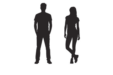 Silhouettes of two men and two women walking or standing together on a white background in a studio setting
