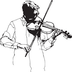 Elegant continuous line art of a musician playing a violin, minimalist and black-and-white only.