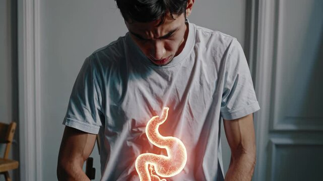 Young man suffering from stomach ache, digestive problems, or heartburn, with a glowing stomach illustration superimposed over his abdomen, suggesting internal inflammation or discomfort