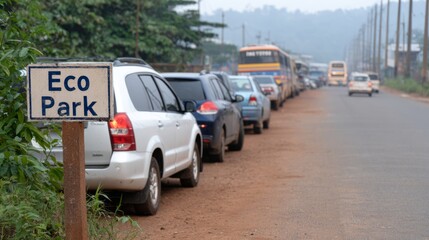Ironically named &ldquo;Eco Park&rdquo; sign at the entrance of a dusty, overcrowded parking lot filled with cars and buses, no greenery in sight, visual critique of over-tourism and environmental impact