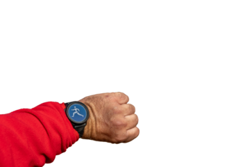 Smartwatch with a sport activity icon, in a male hand.