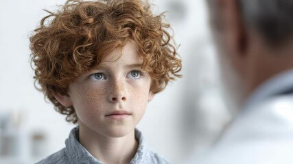 Red-haired child interacting with doctor in medical examination room
