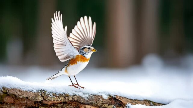 Colorful bird with orange breast, white and black markings spreading wings on snowy log in winter forest, nature wildlife scene, vibrant plumage, peaceful atmosphere, snow covered forest