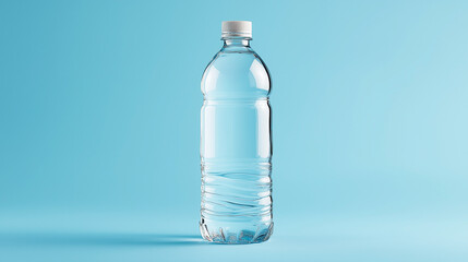 Fototapeta premium Minimalist clear plastic water bottle with blank label on white background. Ideal for hydration, packaging mockups, product design, or clean lifestyle and wellness concepts