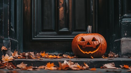 Carved Halloween Pumpkin Sits On Steps With Autumn Leaves
