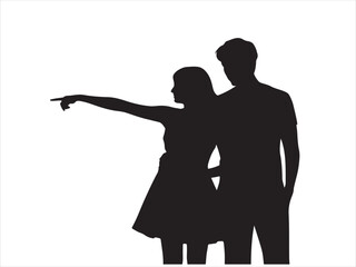 Young couple silhouetted pointing together towards the future on white background