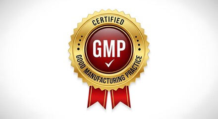 Gmp certified logo with red ribbon representing quality assurance