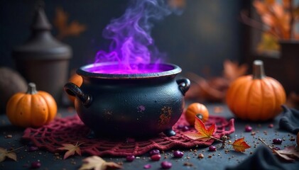 A whimsical witch's cauldron bubbling with a mysterious purple potion, surrounded by Halloween decorations Spooky, magical, autumnal vibes for your Halloween projects , bubbling, twigs