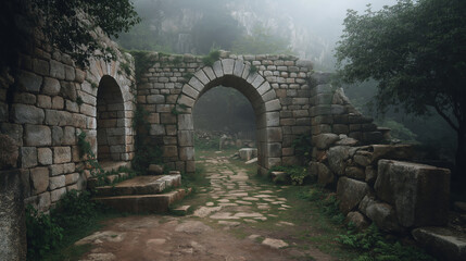 Mystical ancient stone building entrance with foggy, moody atmosphere. Historic architecture, medieval ruins, fantasy vibe, perfect for mystery, history, or fantasy themes