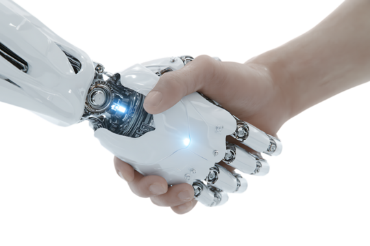 Human and robotic hands shaking, AI, technology, future concept.