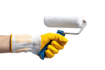 Close up of a hand in a yellow glove holding a paint roller.