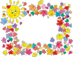 Cartoony frame border with colorful autumn leaves and cute smiling Sun, vector illustration on a white background
