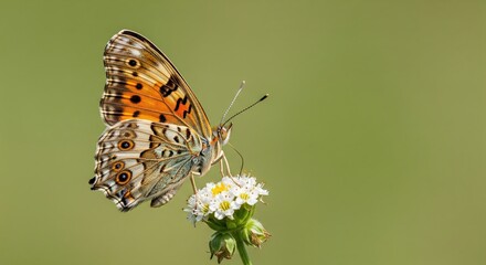 Obraz premium Close-up of a Painted Jezebel Butterfly on a Cluster of White Flowers