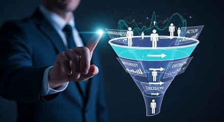 Sales funnel and customer journey concept. A professional points to a holographic funnel showing the conversion process from awareness to action.