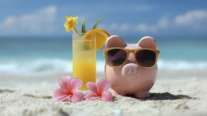 Piggy Bank with Sunglasses and Tropical Drink on Sandy Beach with Hibiscus Flower