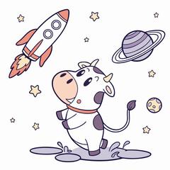 Charming SVG of a Dreamy Cow featuring splashing in puddles, styled in a Space explorer theme with Cosmic Pastels hues