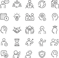 Fototapeta na wymiar Collection of thin line icons representing business concepts like communication teamwork ideas time management and success in a clean modern style