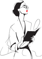 line art of a librarian holding a book, minimalist and abstract.
