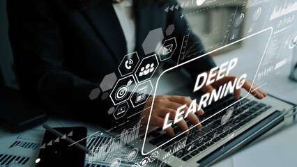 Business professional using laptop computer with deep learning interface and digital data analytics concept. Asymptotic smart data analytic.
