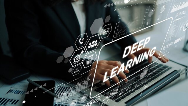 Business professional using laptop computer with deep learning interface and digital data analytics concept. Asymptotic smart data analytic.