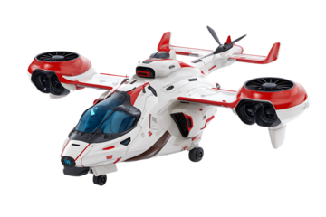 Futuristic aircraft design. Red and white vehicle.